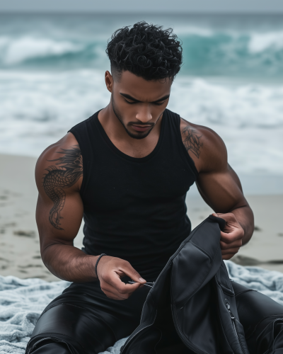 Handsome Male Sewing on Beach