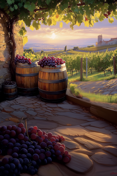 Vineyard with Wine Barrels