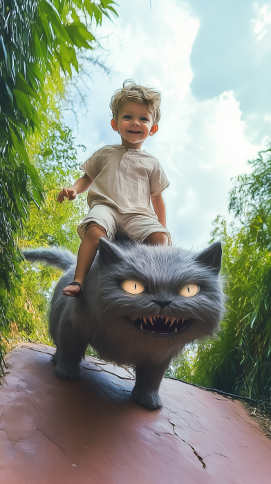 Boy Riding Scary Cat