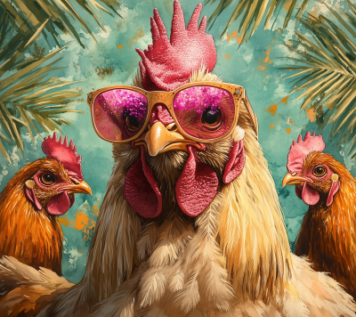 Colorful Rooster and Chickens