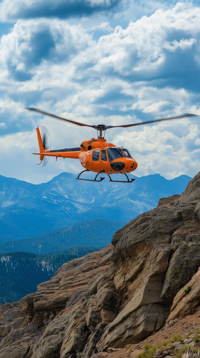 Orange Helicopter Over Mountains
