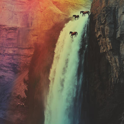Waterfall with Horses and Rainbow