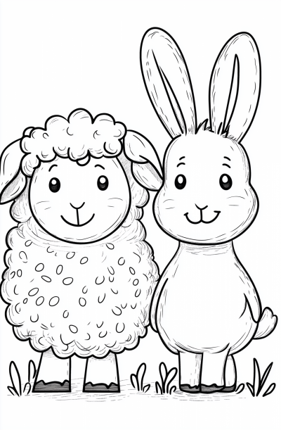 Cute Sheep and Bunny Coloring Page