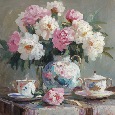 Impressionist Vase of Peonies