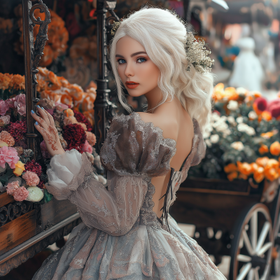 Elegant Gown by Flower Cart