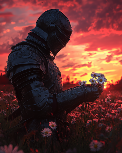 Knight with Daisies at Sunset