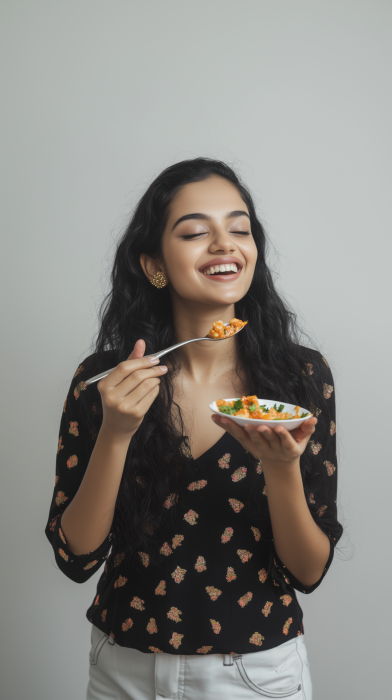 Smiling Woman Enjoying Food