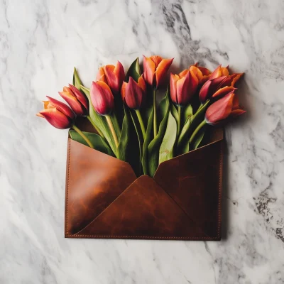 Leather Brown Envelope with Tulips