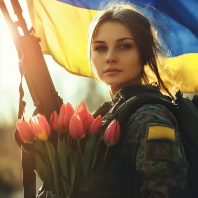 Ukrainian Woman in Uniform with Tulips