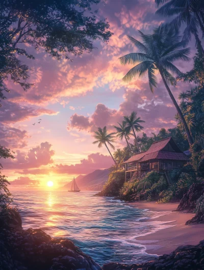 Tropical Sunset in Coastal Village