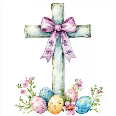 Watercolor Christian Cross with Spring Flowers