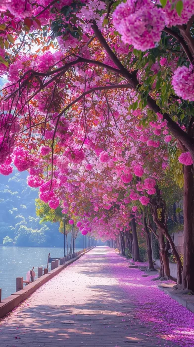 Blooming Flower Trees by the Lake