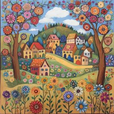 Folk Art of Village with Flowers