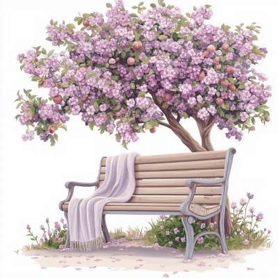 Wooden Bench Under Apple Tree