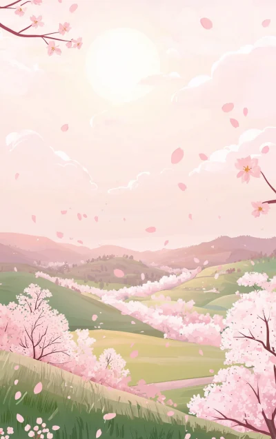 Pastel Landscape with Cherry Blossoms