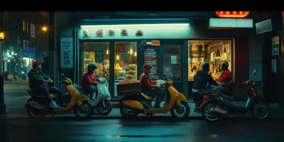 Nighttime Food Delivery Scene