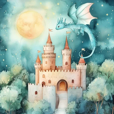 Turquoise Dragon Over Castle