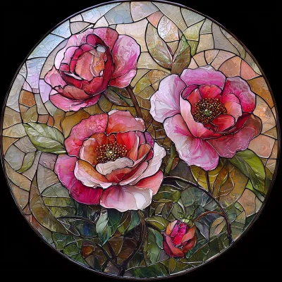 Round Stained Glass Window with Dark Pink Roses