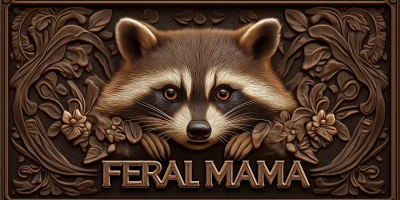 Smiling Raccoon with Feral Mama Text