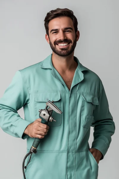 Smiling Mechanic in Green Uniform