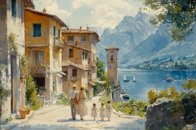 Family Strolling in an Elegant Italian Town