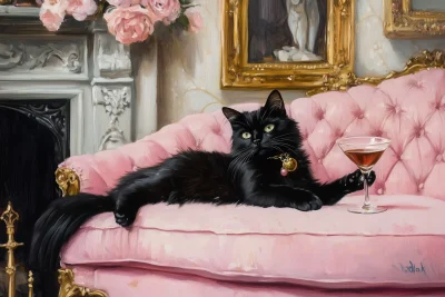 Black Cat on Pink Couch