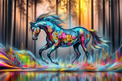 Galloping Wild Horse in Futuristic Forest