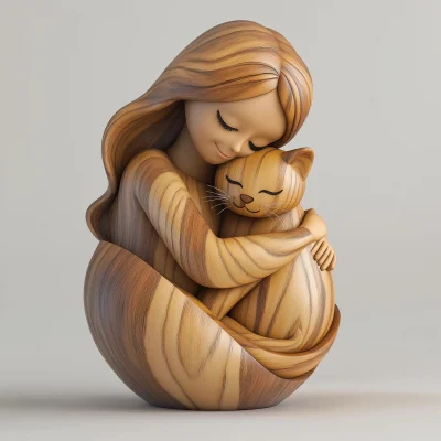 Wooden Woman and Cat Sculpture