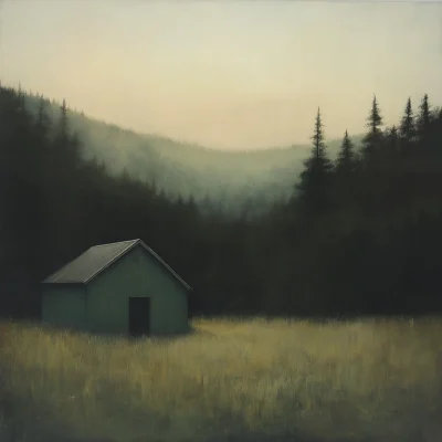 Blinded Green Barn in Pastel Landscape