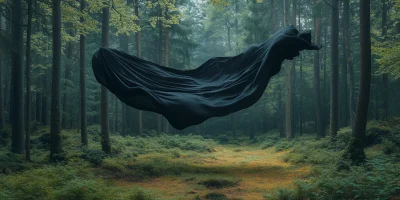 Floating Black Fabric in the Forest