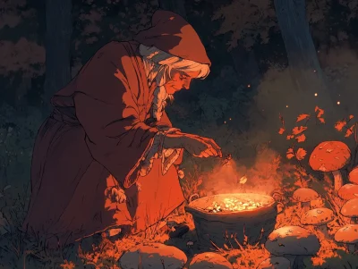 Baba Yaga Cooking Mushrooms