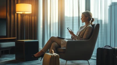 Modern hotel room with businesswoman