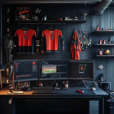 Designer Workspace with Football Memorabilia