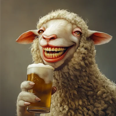 Smiling Sheep with Beer