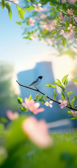 Elegant Bird on Blooming Apple Tree