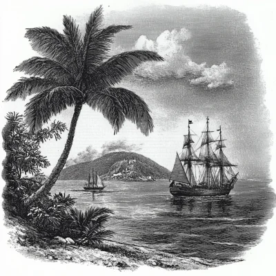 Caribbean Island with Merchant Ship