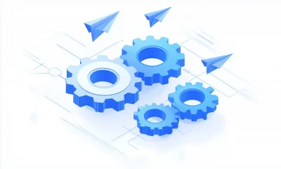 Blue Gear Icon with Paper Planes