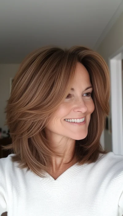 Happy Woman with Caramel Long Bob