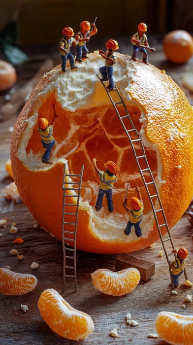 Construction Workers Peeling a Clementine