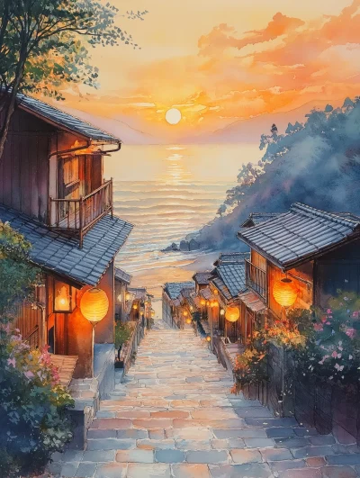 Coastal Village at Sunset