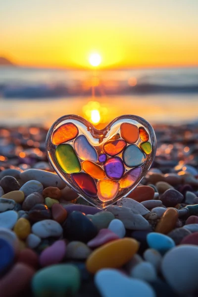 Colorful Pebble Heart at Sunset