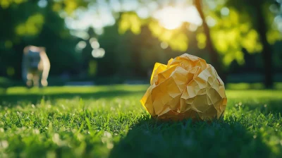 Crumpled Yellow Paper Ball in Park