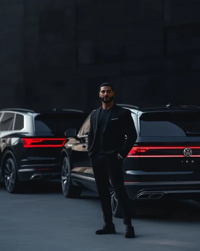 Stylish Man with Luxury SUVs