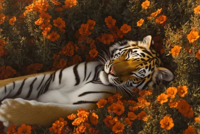 Cute Tiger in a Flower Field