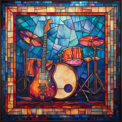 Electric Guitar and Drum Set Stained Glass