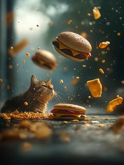 Cat and Floating Burgers