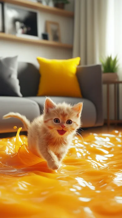 Playful Kitten on Orange Floor