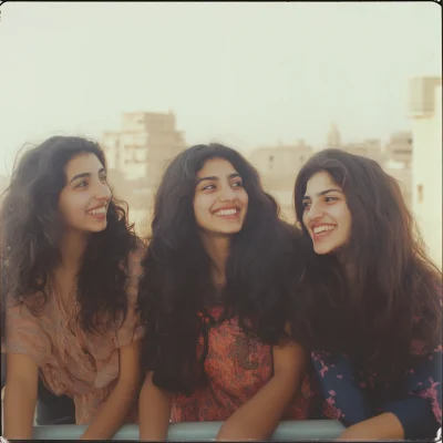 Young Women Laughing on Balcony