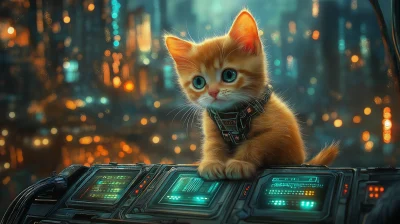 Cute Cyborg Kitten in Cyberpunk City