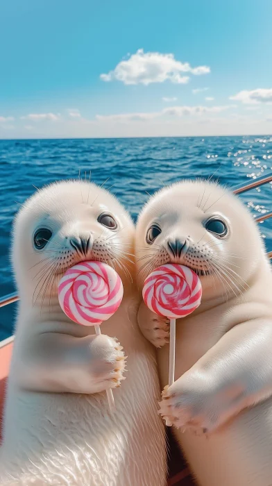 Fluffy Seal Babies Enjoying Lollipops